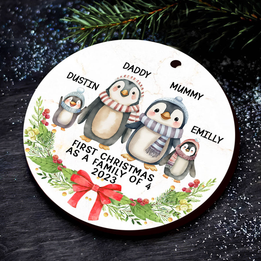 First Christmas As A Family Of 4 Ornament Custom Penguin Christmas