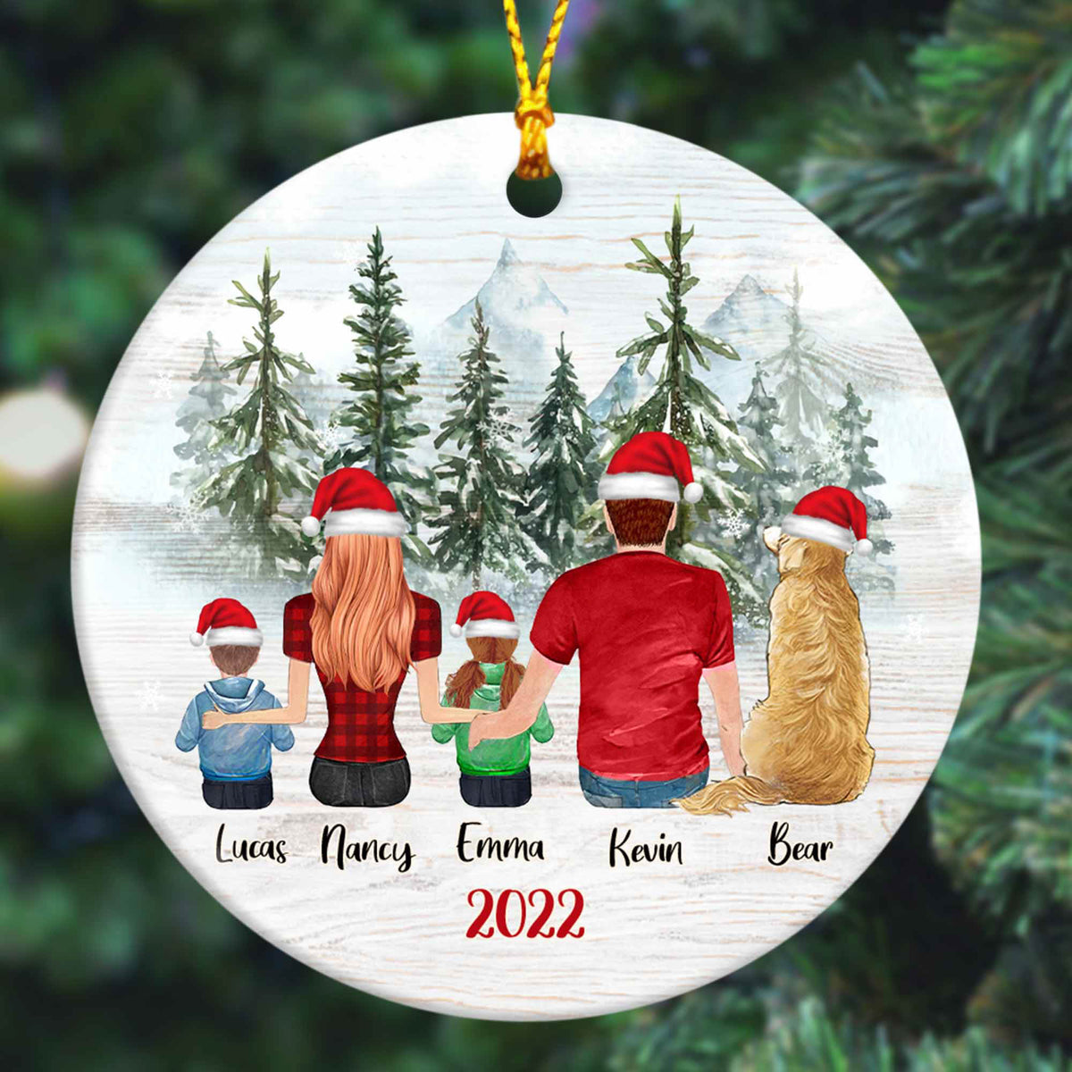 Personalized Christmas Ornaments with Pets, Family of 4 with Dog
