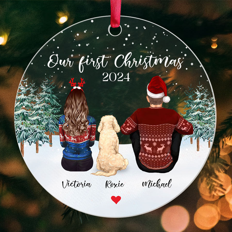 Personalized Couple Ornament With Dog – Custom Acrylic Keepsake Gift