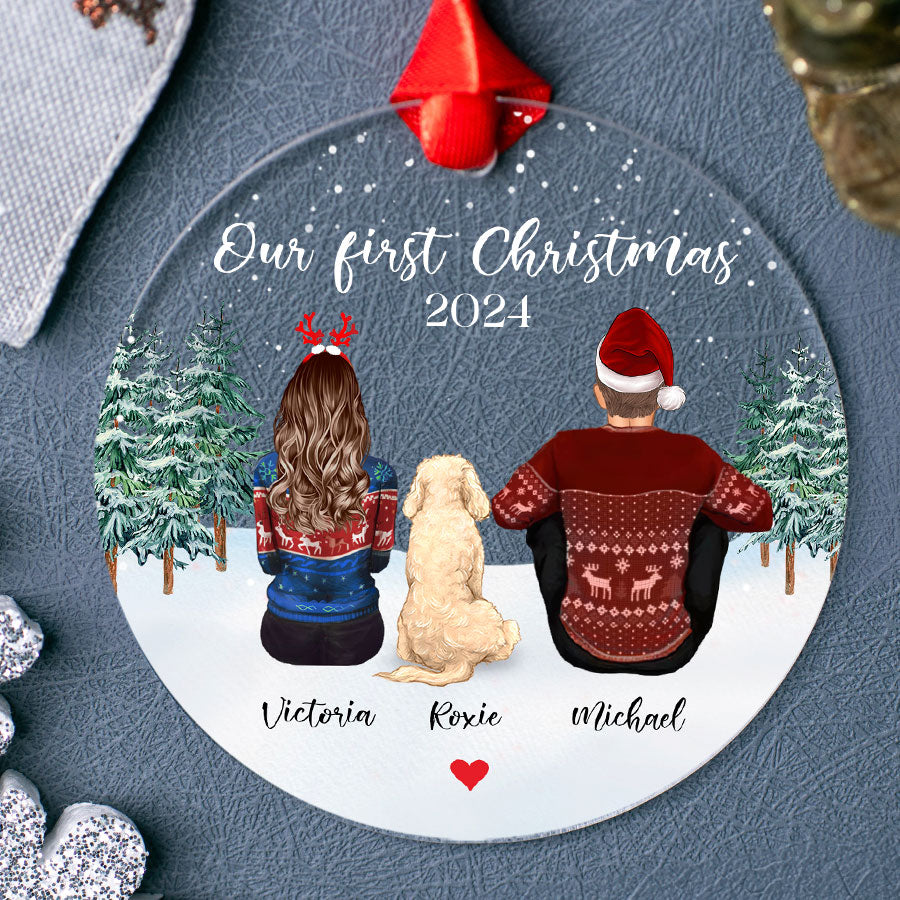 Personalized Couple Ornament With Dog – Custom Acrylic Keepsake Gift