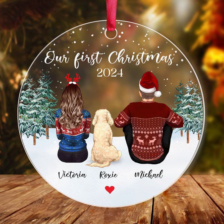 Personalized Couple Ornament With Dog – Custom Acrylic Keepsake Gift