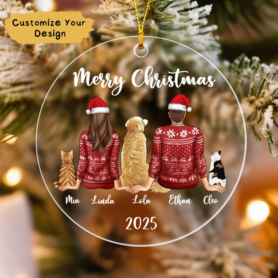 Custom Couple Ornament Christmas 2025, Couple With Dog And Cats Ornament