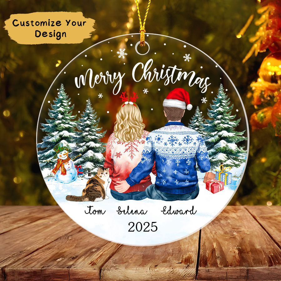 Custom Couple With Cat Christmas Ornament 2025