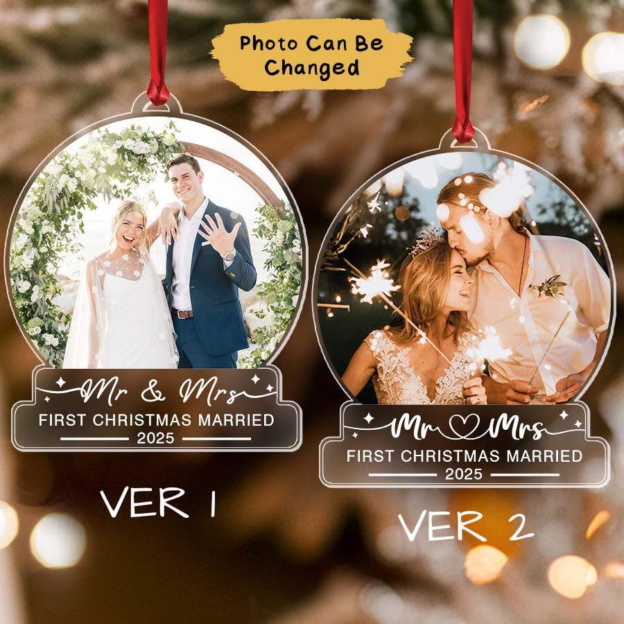 Custom First Christmas Married Ornament 2025, Mr And Mrs Photo