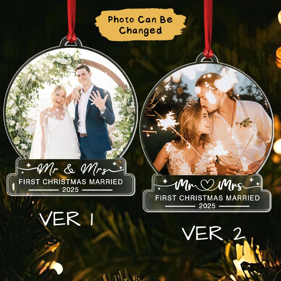 Custom First Christmas Married Ornament 2025, Mr And Mrs Photo