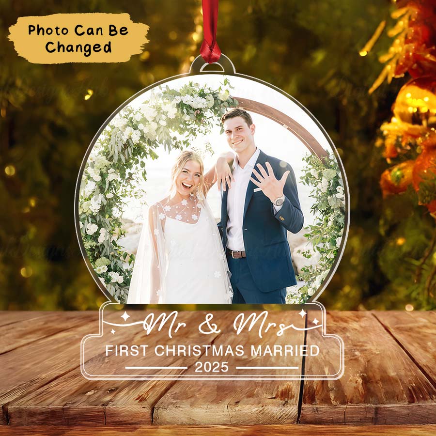 Custom First Christmas Married Ornament 2025, Mr And Mrs Photo