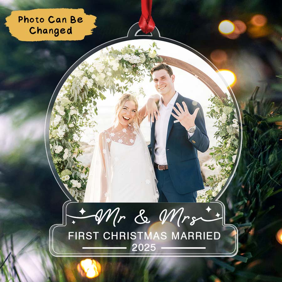 Custom First Christmas Married Ornament 2025, Mr And Mrs Photo