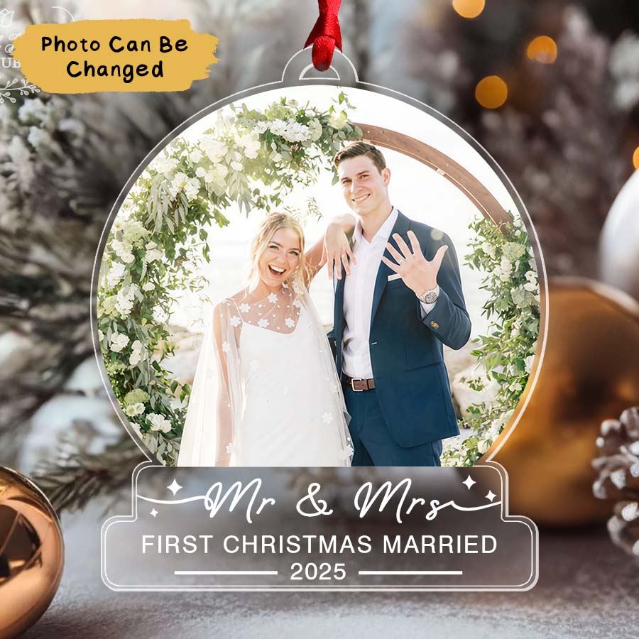 Custom First Christmas Married Ornament 2025, Mr And Mrs Photo
