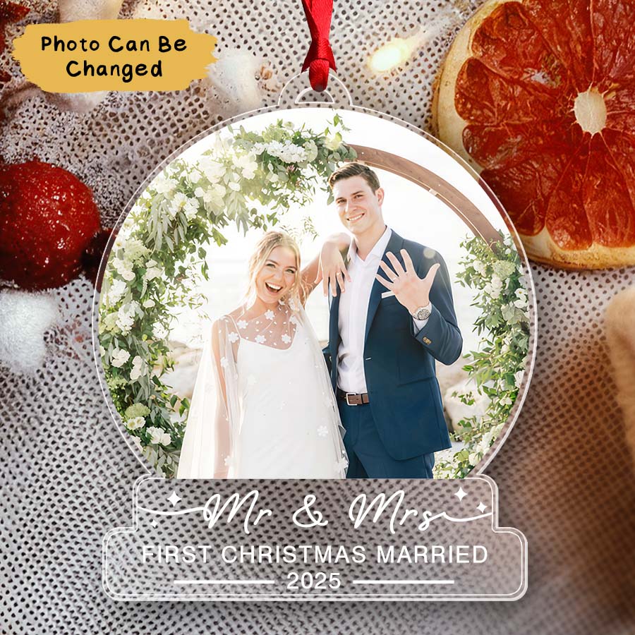 Custom First Christmas Married Ornament 2025, Mr And Mrs Photo