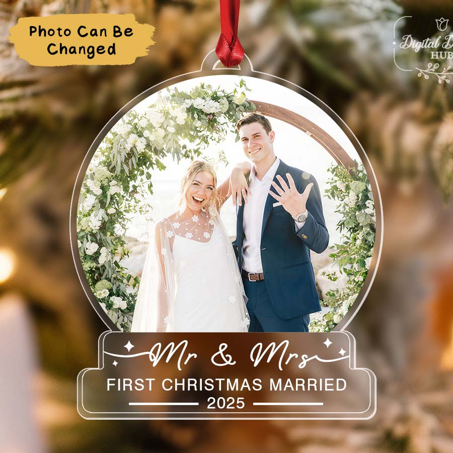 Custom First Christmas Married Ornament 2025, Mr And Mrs Photo