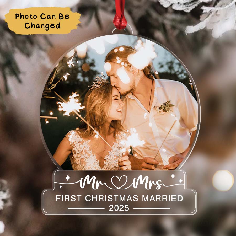 Custom First Christmas Married Ornament 2025, Mr And Mrs Photo