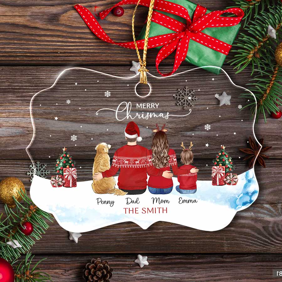 Personalized Family of 3 with 2 Dogs Christmas Ornament