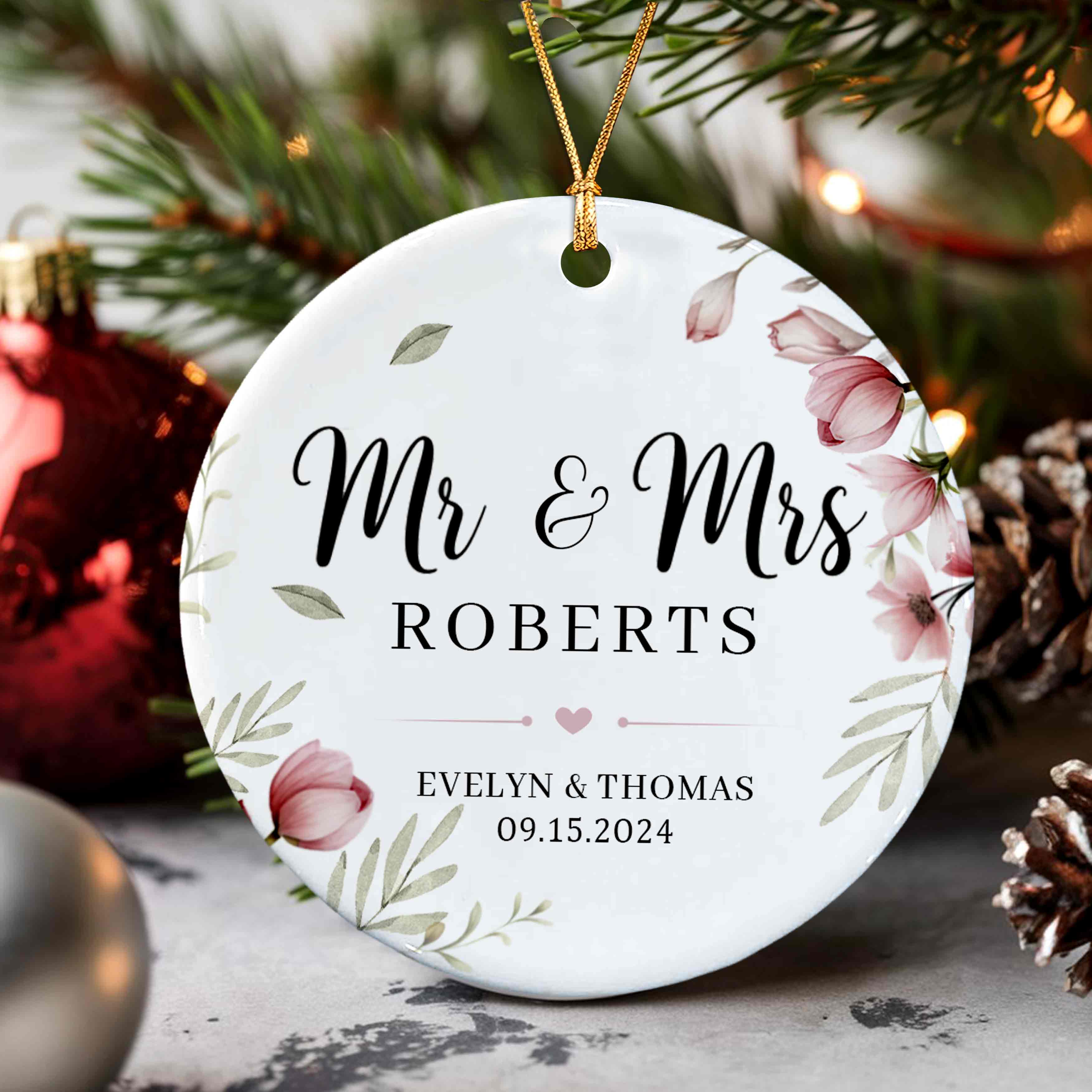 Custom Name And Date Wedding Christmas Ornaments
