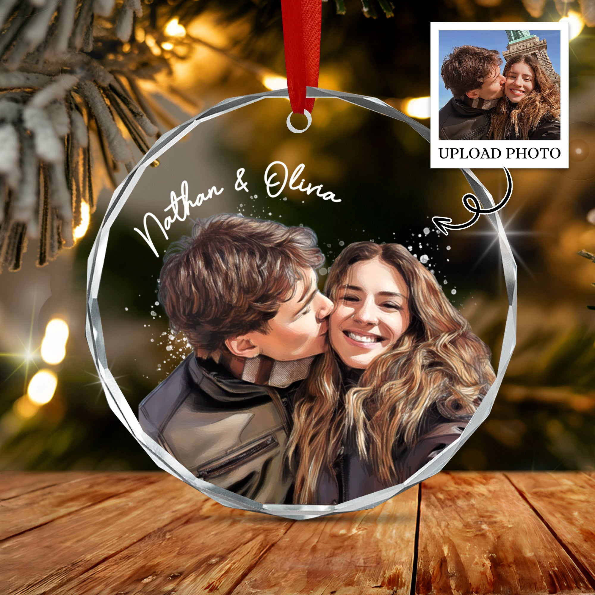 Personalized Couple Christmas Ornament, Watercolor Photo Ornament