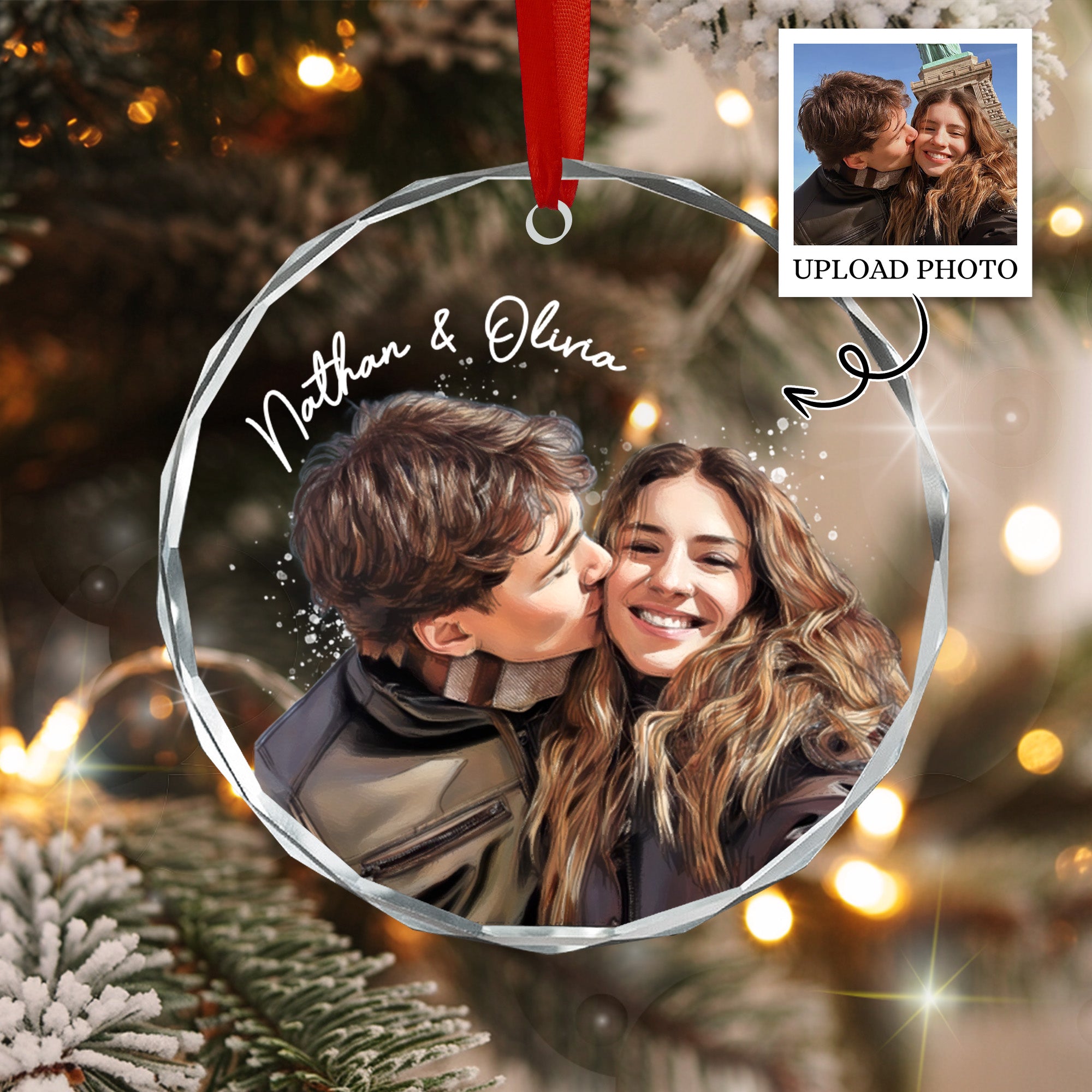 Personalized Couple Christmas Ornament, Watercolor Photo Ornament