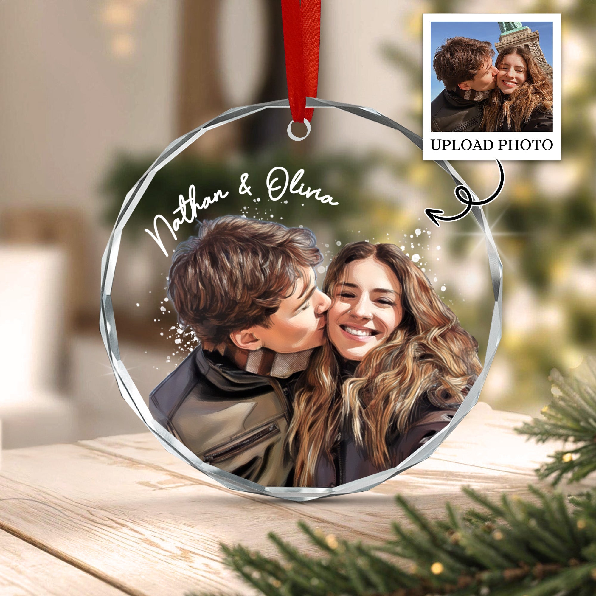 Personalized Couple Christmas Ornament, Watercolor Photo Ornament