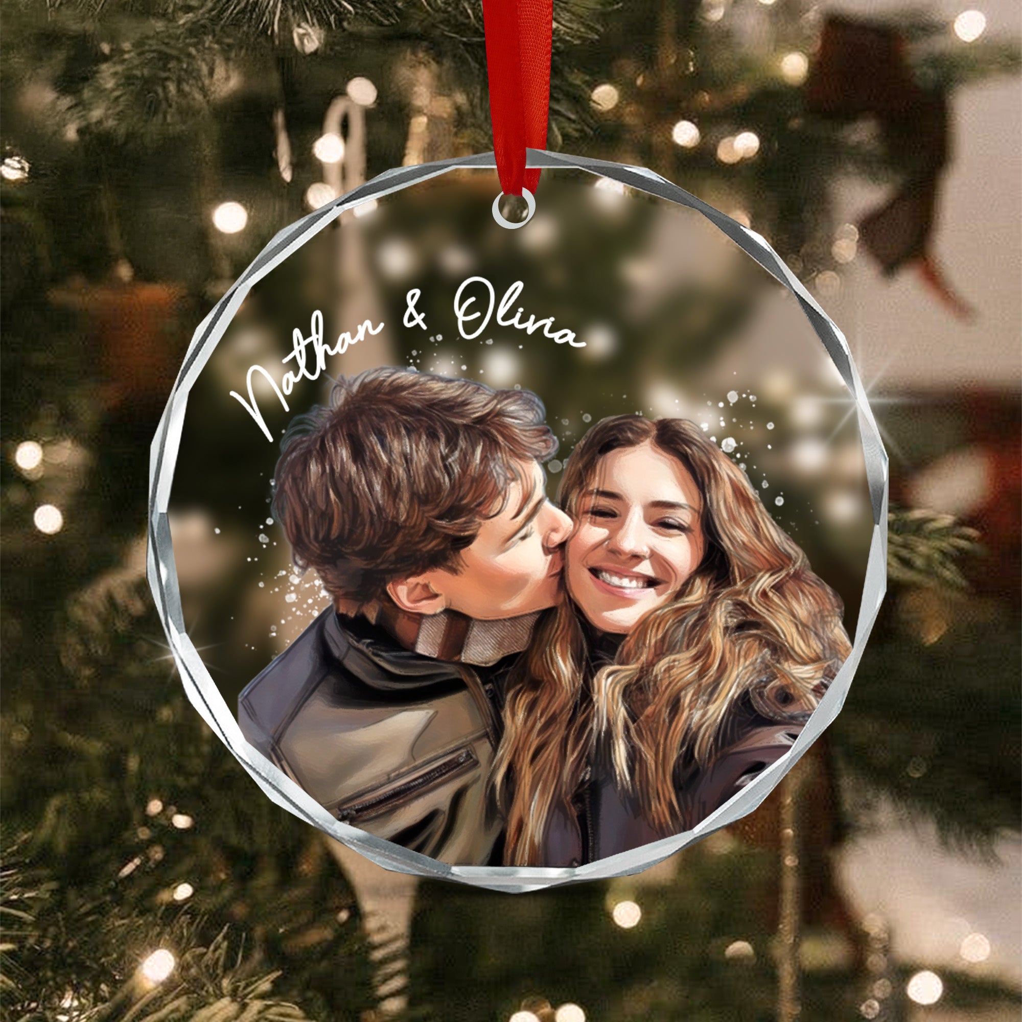Personalized Couple Christmas Ornament, Watercolor Photo Ornament