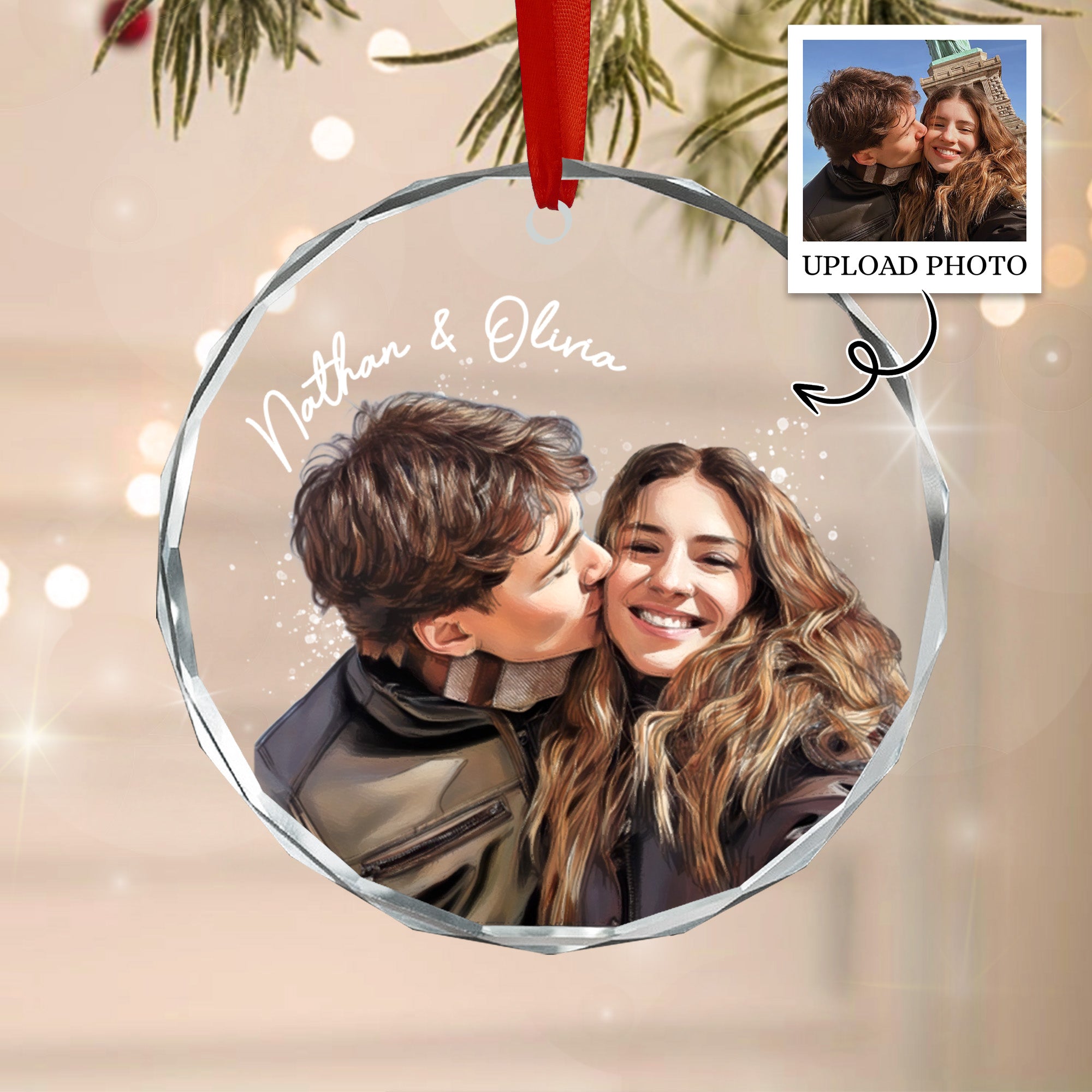 Personalized Couple Christmas Ornament, Watercolor Photo Ornament