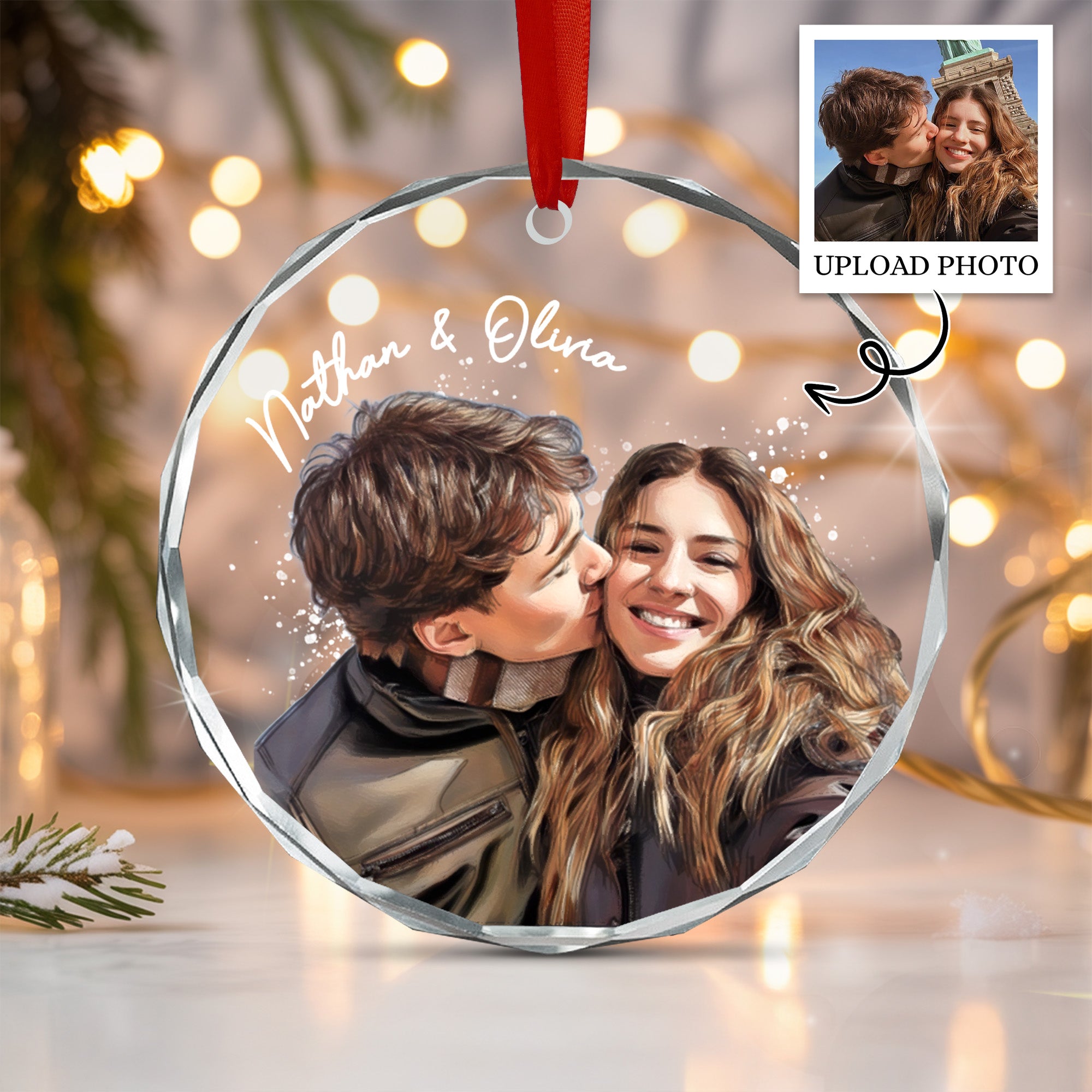 Personalized Couple Christmas Ornament, Watercolor Photo Ornament