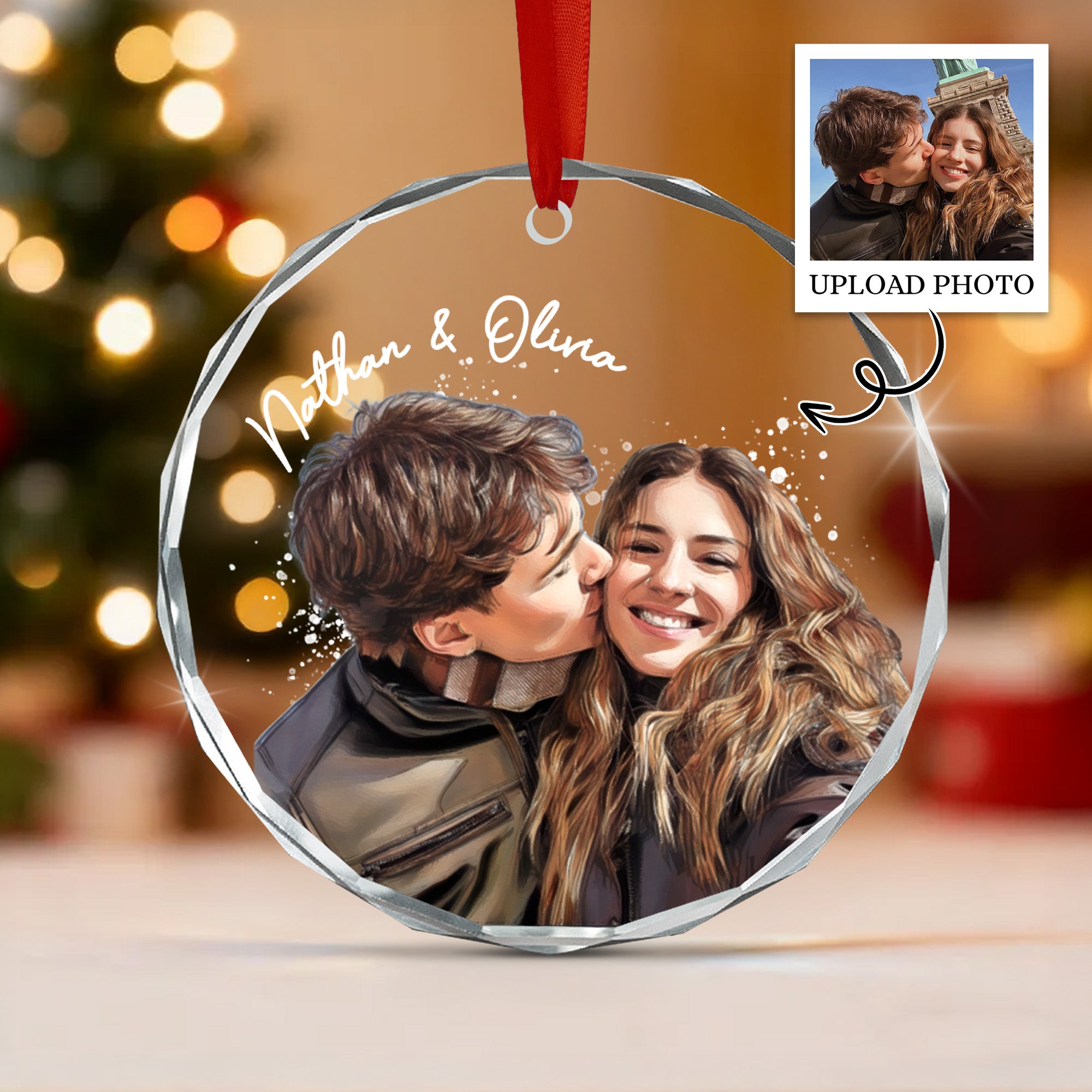 Personalized Couple Christmas Ornament, Watercolor Photo Ornament