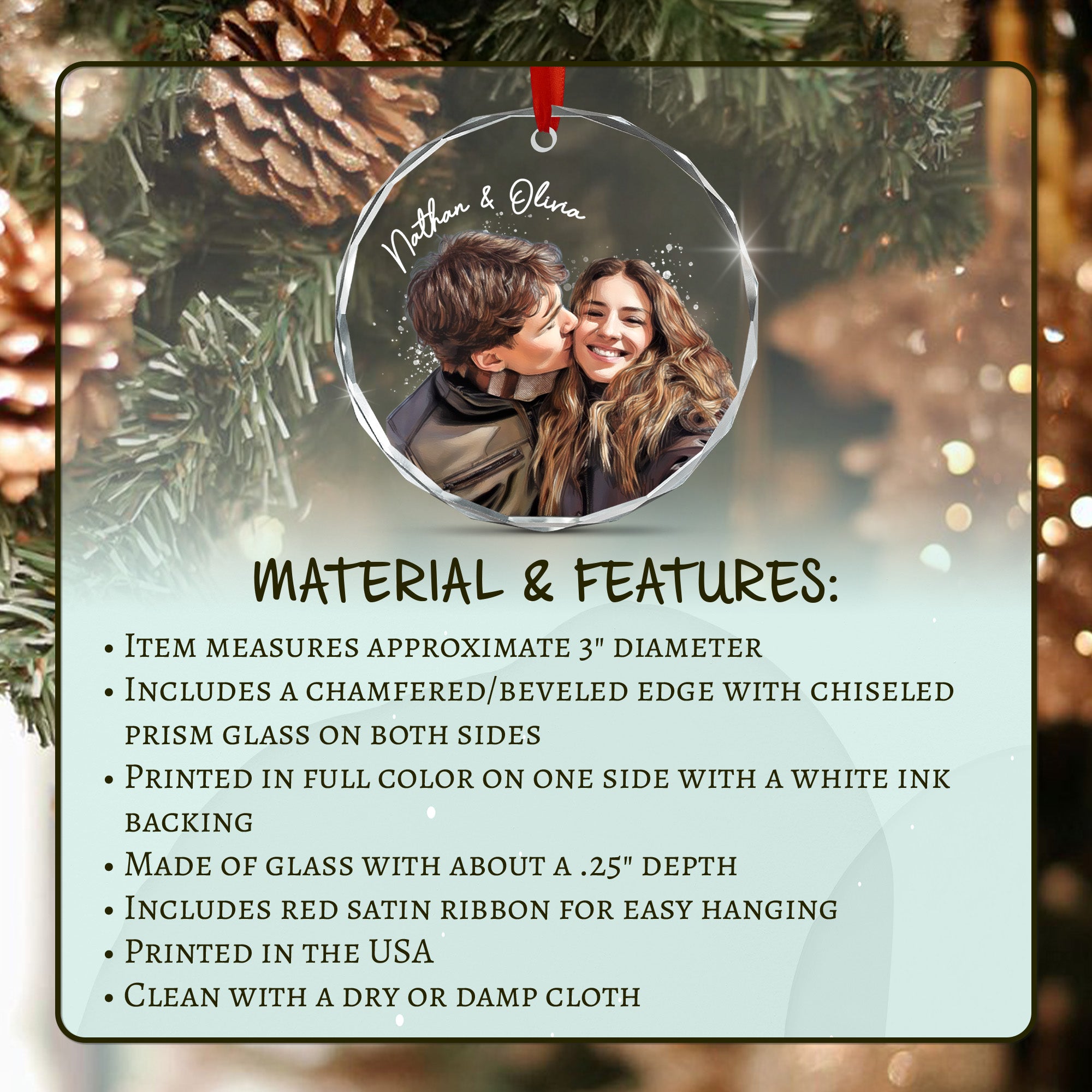 Personalized Couple Christmas Ornament, Watercolor Photo Ornament