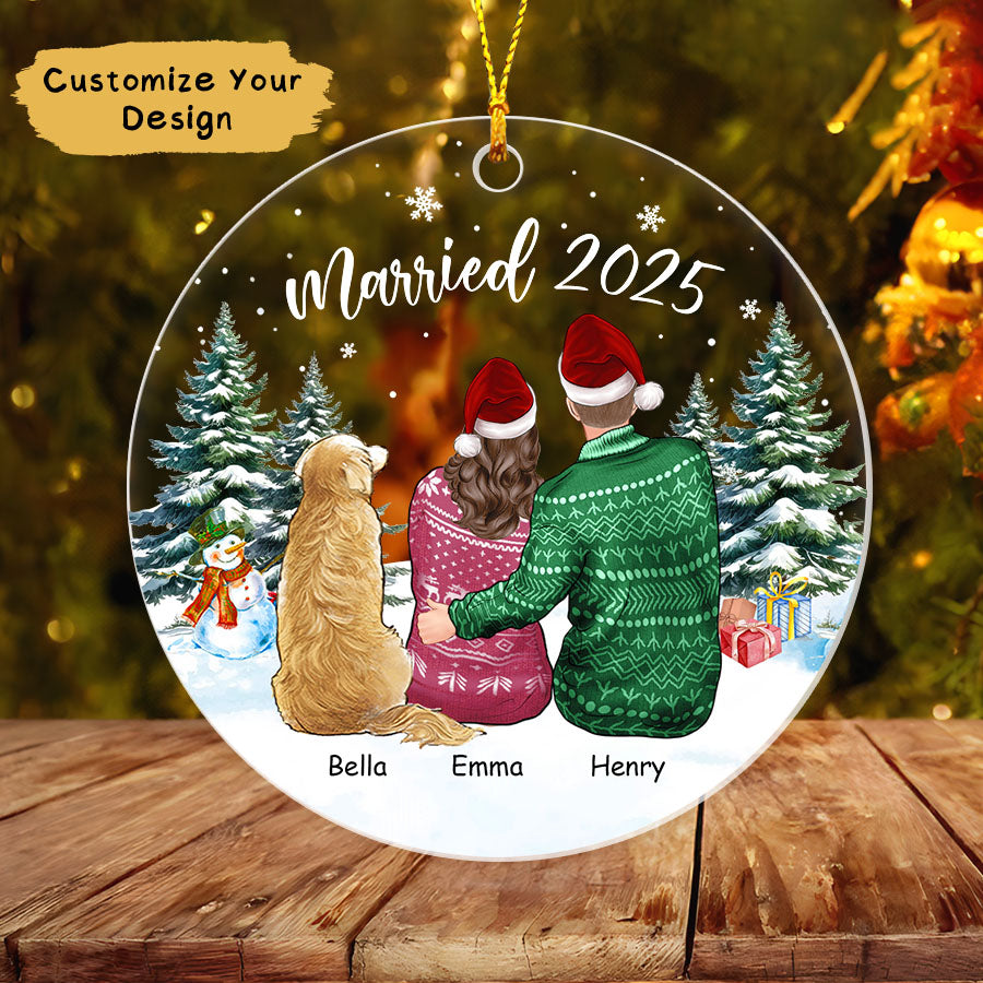 Personalized First Christmas Married Ornament 2025, Couple With Dog Ornament
