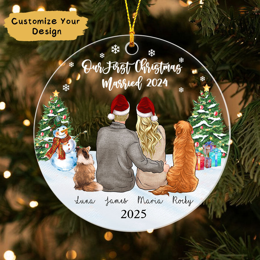 Personalized First Christmas Married Ornament 2025, Couple Ornament With Dog