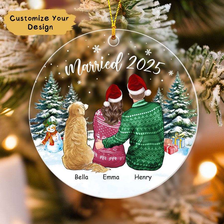 Personalized First Christmas Married Ornament 2025, Couple With Dog Ornament