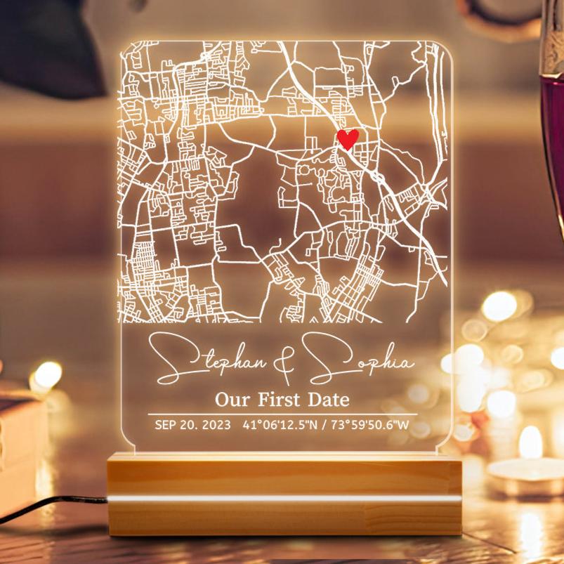 Our First Date Custom Acrylic Plaque Led Night Light | Custom Map One ...