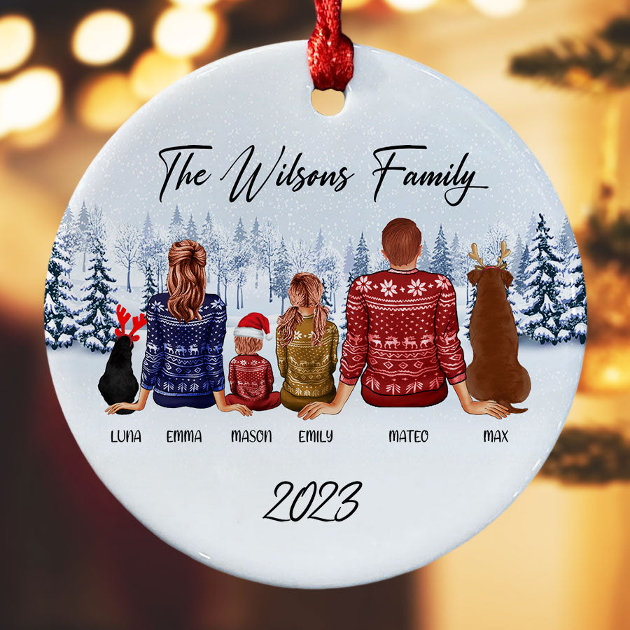 Family of 4 With 2 Dogs Ornament