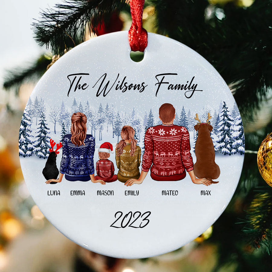 Family of 4 With 2 Dogs Ornament