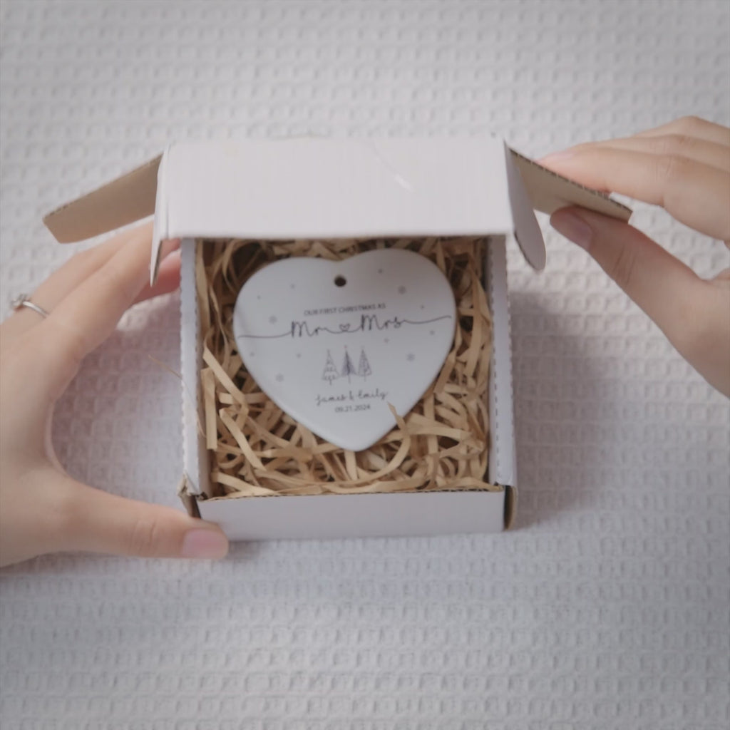 Engagement Xmas Ornament | Custom Name and Date Ceramic Ornament For Couple | Heart Shape