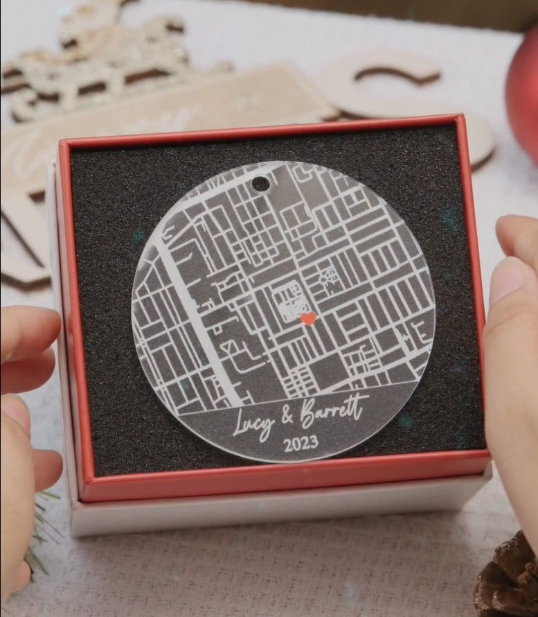Engaged Ornament | Custom Map Acrylic Ornament For Couple | Circle Shape

