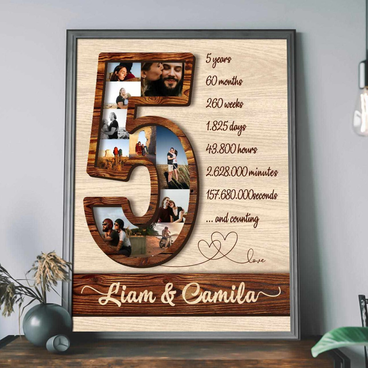 5 Year Anniversary Gift for Him, 5th Anniversary Gift for Him, Personalized Number Picture Collage 5 Year Wedding Anniversary Gift