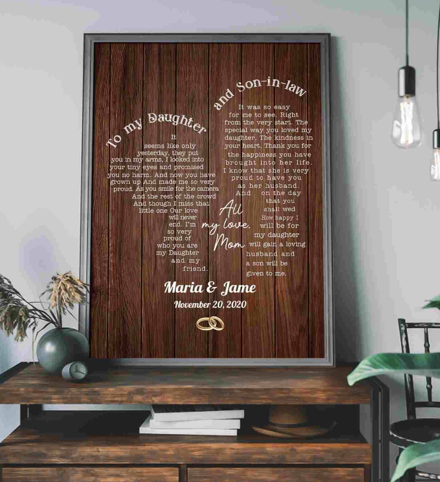Custom Wedding Gifts For Daughter In Law & My Son, Wooden Plaque Canvas Wedding Day Gift For Bride